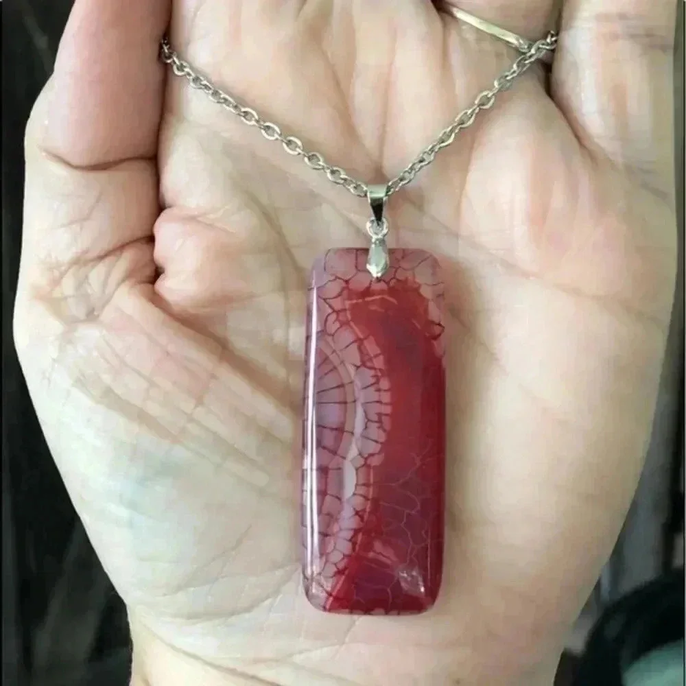 Large Organic Bar Rectangle Red Dragon Vein Stainless Steel Necklace NWT